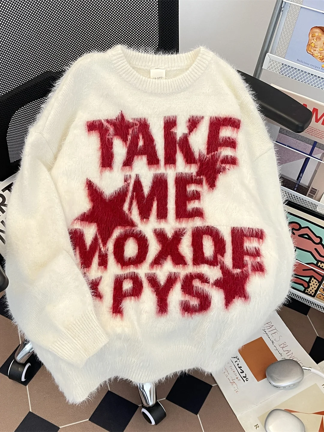 

Trendy Couple round Ne Water Rabbit Fur Knitted Sweater American Lazy Sle Long Sve Mid-Thi Warm Breathable Sweatirt