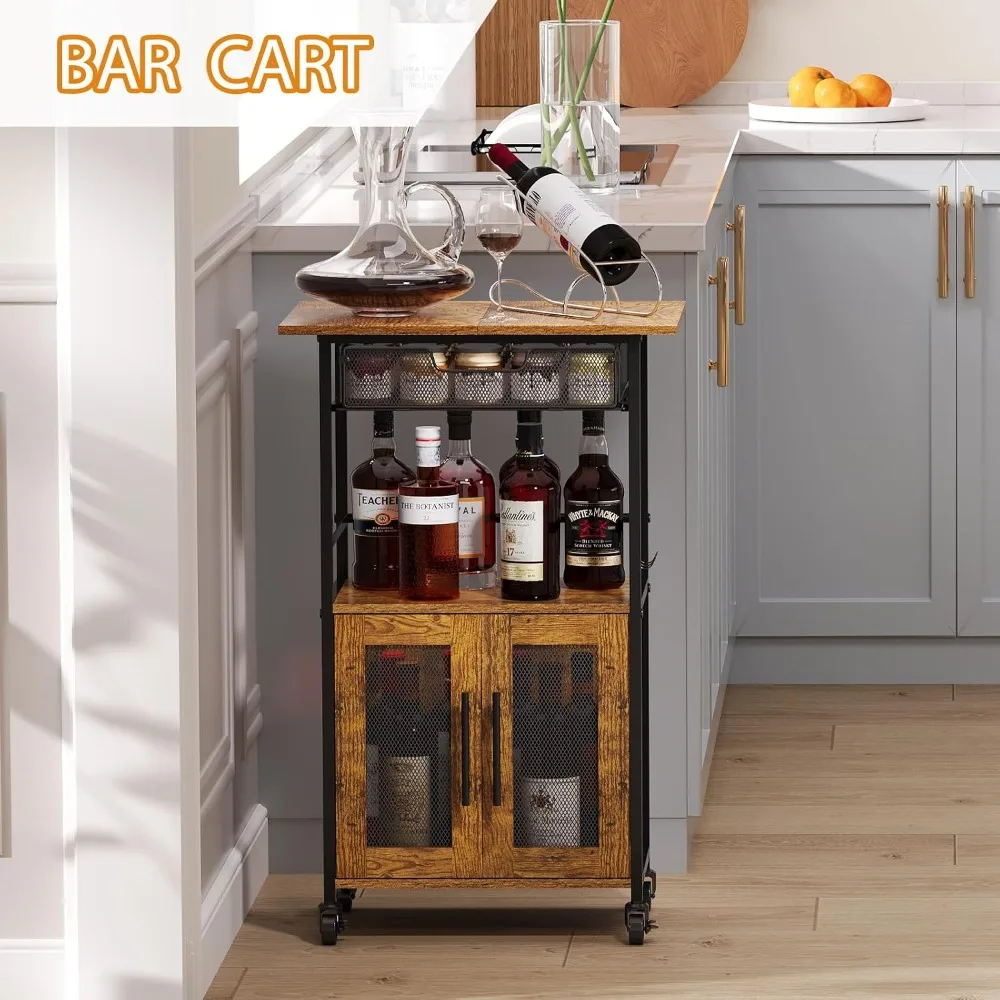 3-Tier Slim Rolling Coffee Cart with 2-Door Cabinet & Pull-Out Wire Basket, Lockable Casters, 32.7" H Microwave Cart for Home Kitchen Dining Room view 6