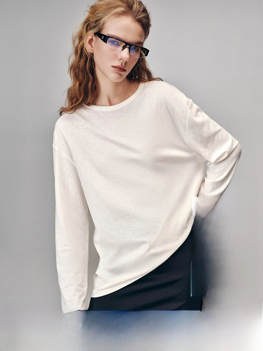 

Универсальная футболка Yasako из шелковистого хлопка, свободного кроя, с длинным рукавом и круглым вырезом, стандартной длины, для женщин.