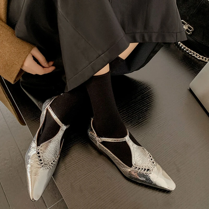 NEW Spring/Summer Women Pumps Genuine Leather Shoes for Women Square Toe Soft Shoes Low Heel Pumps Gold Buckle T-strap Shoes