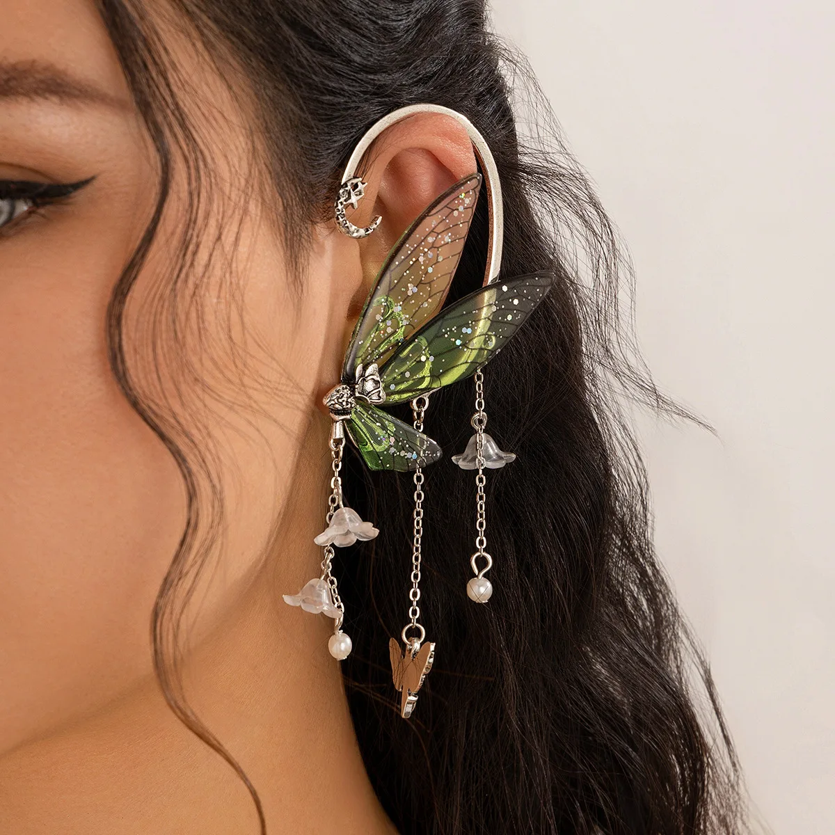 Butterfly Tassel Earrings Elf Ear Hook Without Perforations Flower Ear Cuffs Wrap Clip Climber Crawler Earring - Butterfly Wing