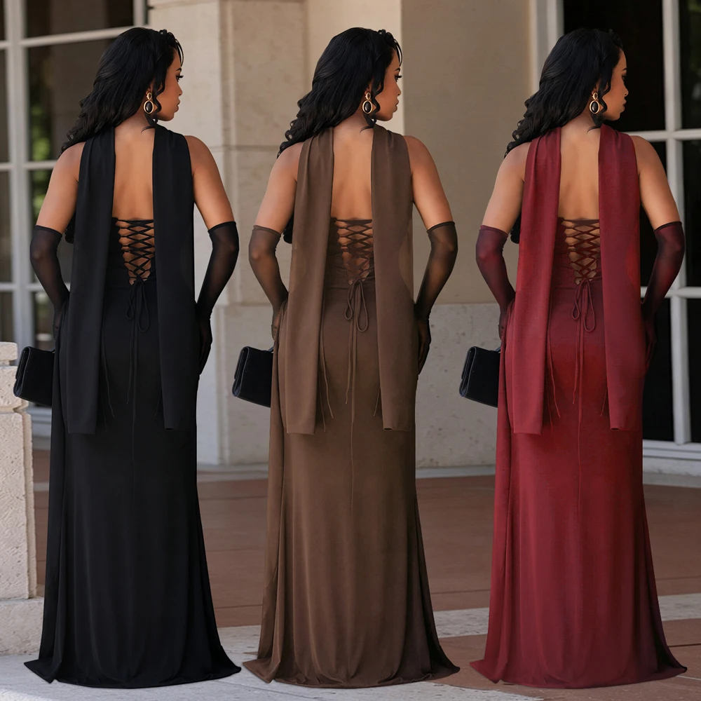 JENYAGE Damen-Abendkleid mit Neckholder-Ausschnitt und Handschuhen, gerafftes, figurbetontes, bodenlanges Meerjungfrauen-Maxikleid, elegantes Party- und Ballkleid – Detail 3