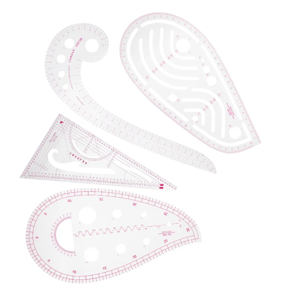 4Pcs Precision Clear Transparent Curve Ruler Set Multi-Function Shaped Design Sewing Ruler Kit Pattern Making Ruler For Tailors