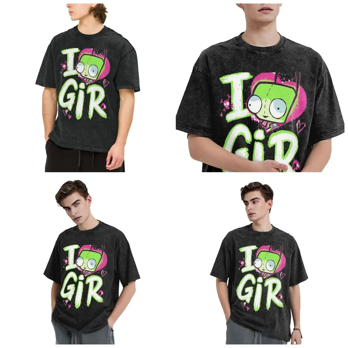 Invader Zim Valentine's Day I Love GIR Hip Hop Short Sleeve T-Shirts Washed Tops Tees Streetwear T Shirt Harajuku for Men Women