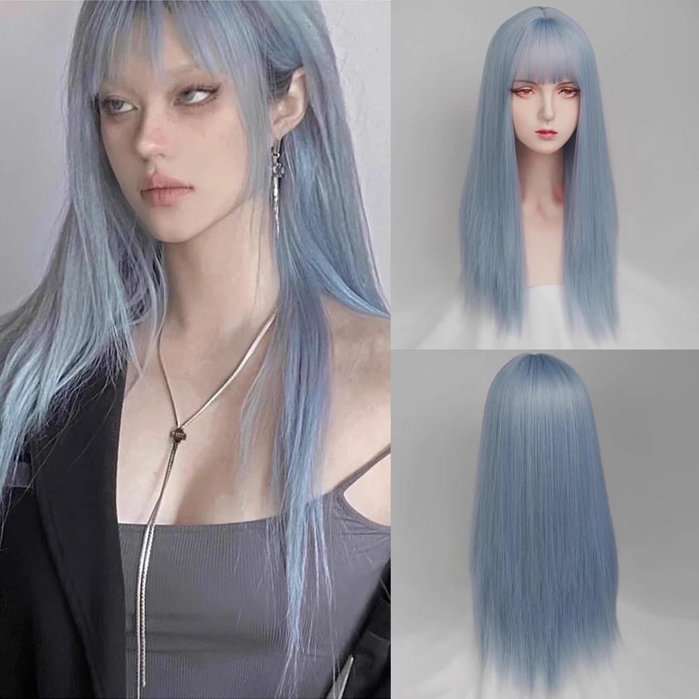 

VICWIG Длинный прямой синий синтетический парик с челкой, пушистый женский термостойкий парик Лолиты для косплея для повседневной вечеринки