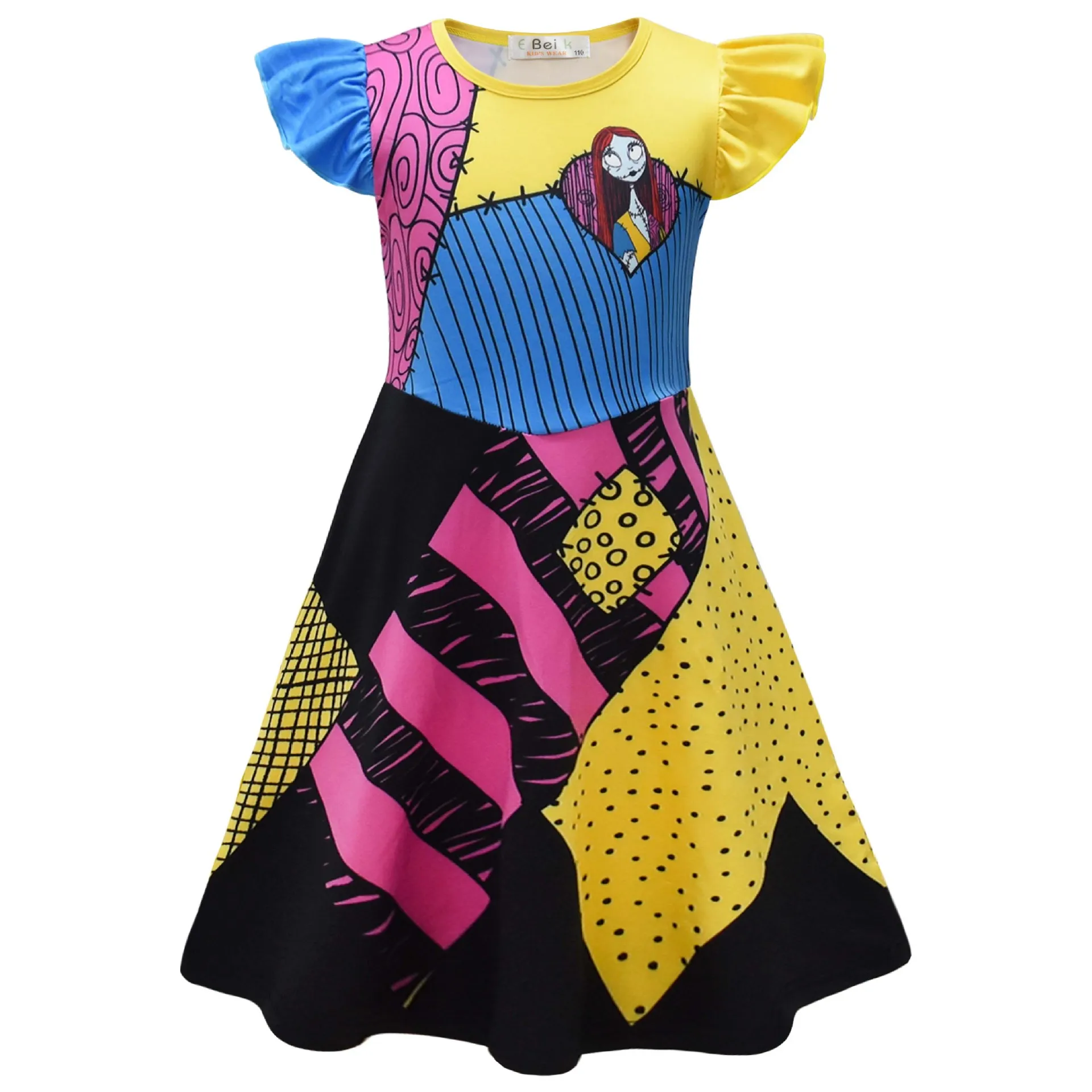 Halloween Nightmare Before Christmas Sally Digital Print Flutter Sleeve Dress Spooky Costume Role Play Outfit 3-8 Years Dresses