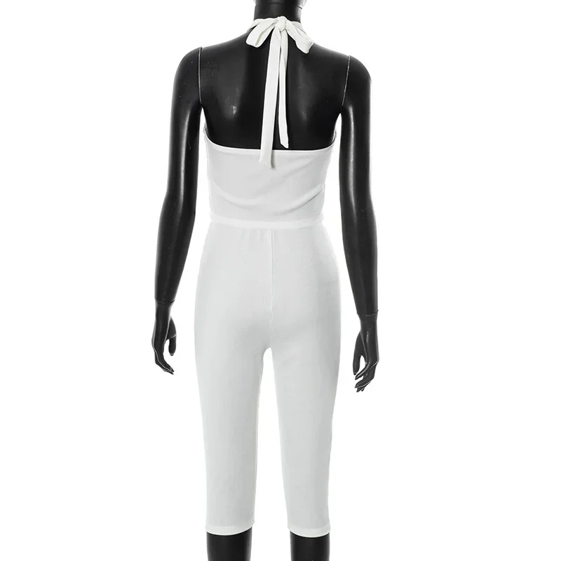 ผู้หญิงTracksuits Ribbed 2 ชิ้นชุดโลหะหัวเข็มขัดLace Up Halter Backless Tank Crop Tops + เอวสูงกางเกงCaprisผอม