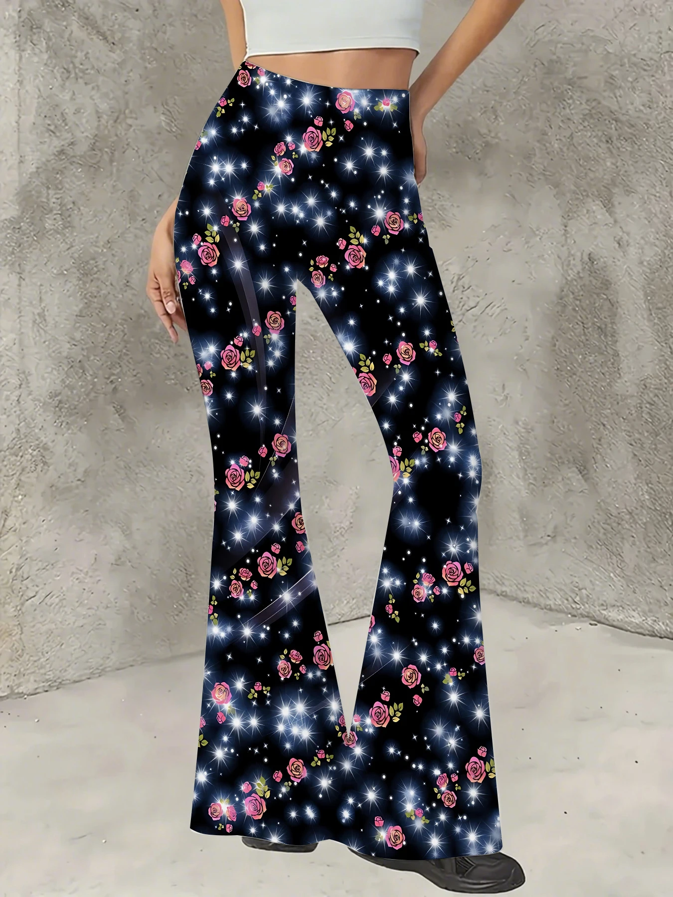 

Korean Style Printed Flare Pants Women High Waist Slim Fit Bell Bottom Leggings