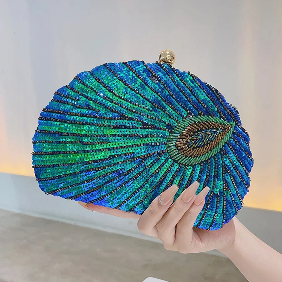 Bolsos de noche Retro de lentejuelas y cuentas semicirculares para mujer, bolsos de mano con forma de abanico de Boutique, cadenas para fiesta de boda, bolso cruzado