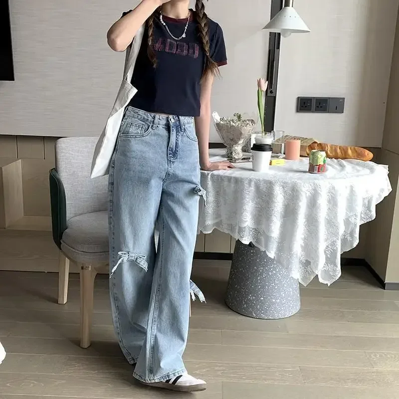 Korean Vintage Denim Pants Sweet Bow Wide Leg Pant High Waist Y2k Straight Loose Jeans Women Streetwear Chic Light Blue