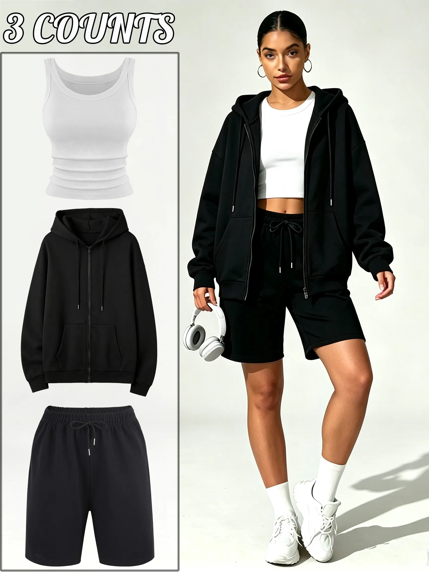 Pocket Zip-Up Hip Hop Hoodie 3Pcs Set Woman Thread Slim Vest Sports Drawstring Short Pants Fashion Street Casual Sportswears
