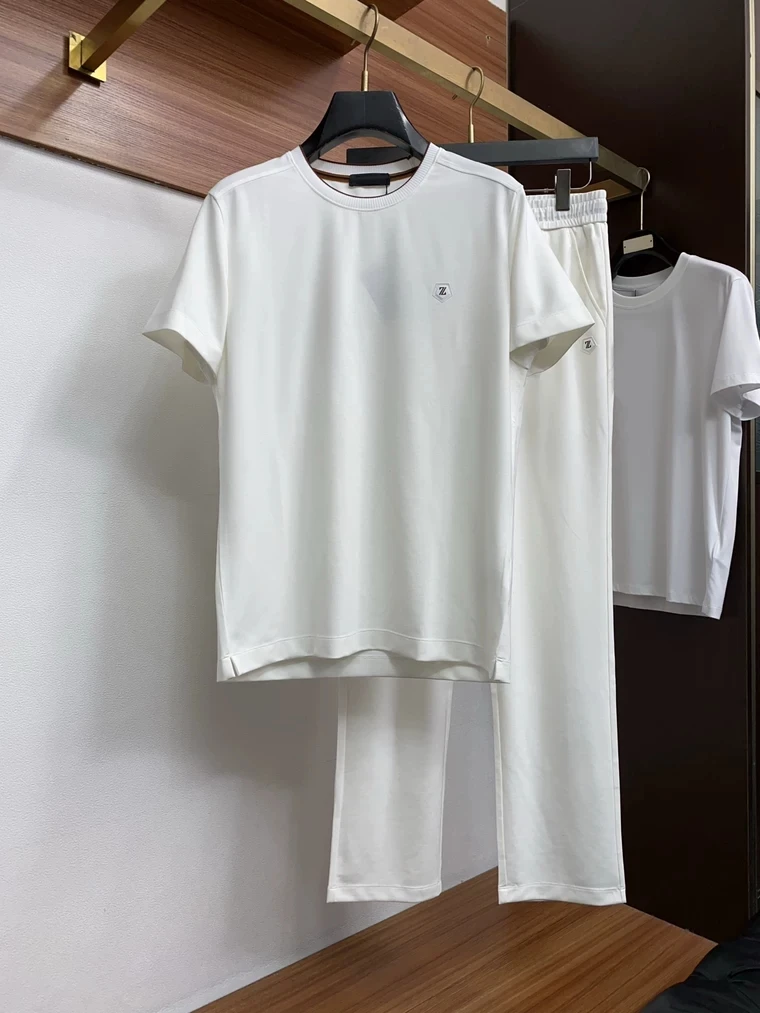 

Italian Style Men's Summer Embroidered Letter Pressed Cotton Linen T-Shirt Pants Set Casual Versatile Classic Preppy Fashion