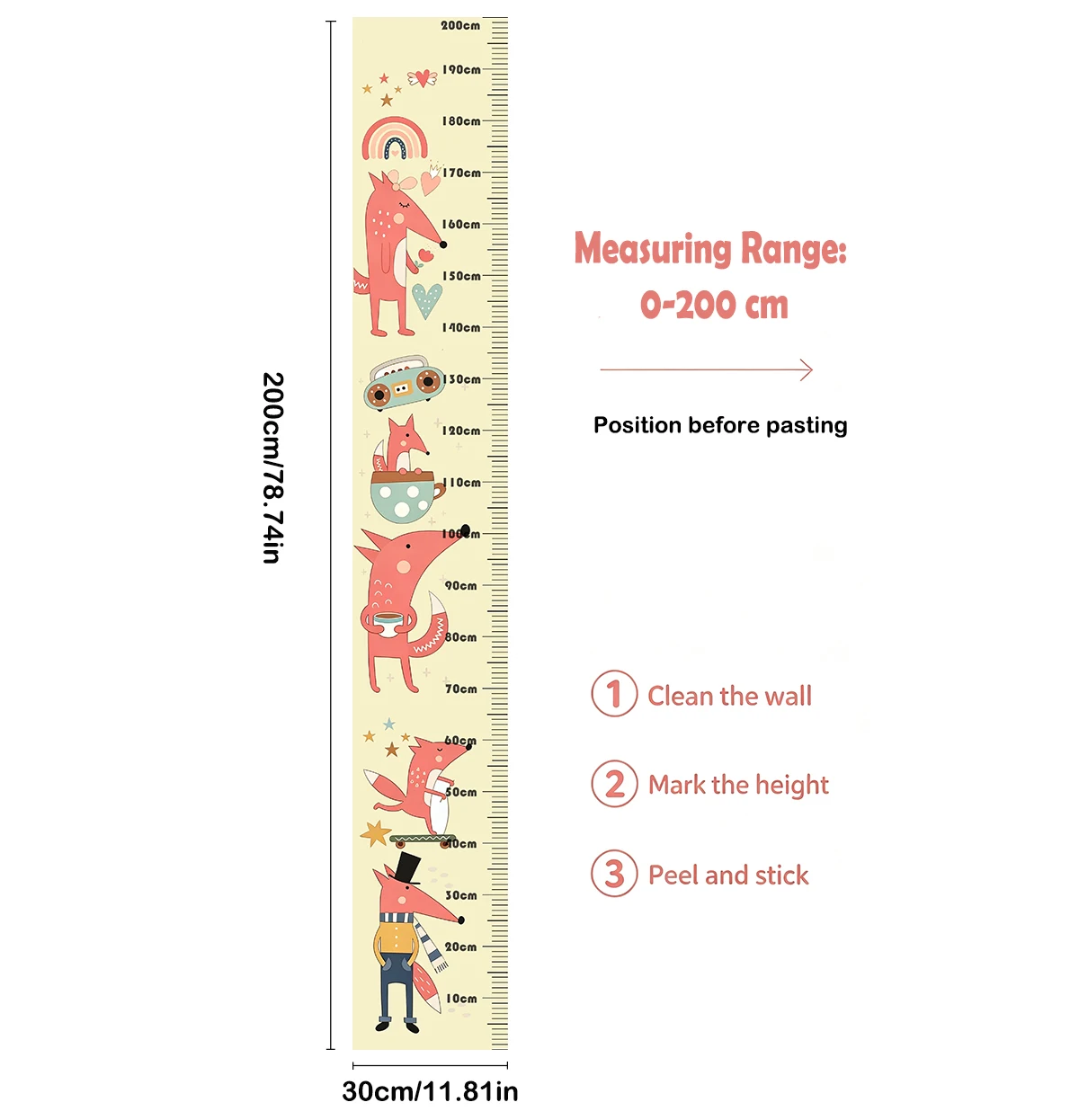 Lovely Animal Fox Kids Height Chart Removable Growth Ruler Wall Sticker 200cm Baby Nursery Decal Kids