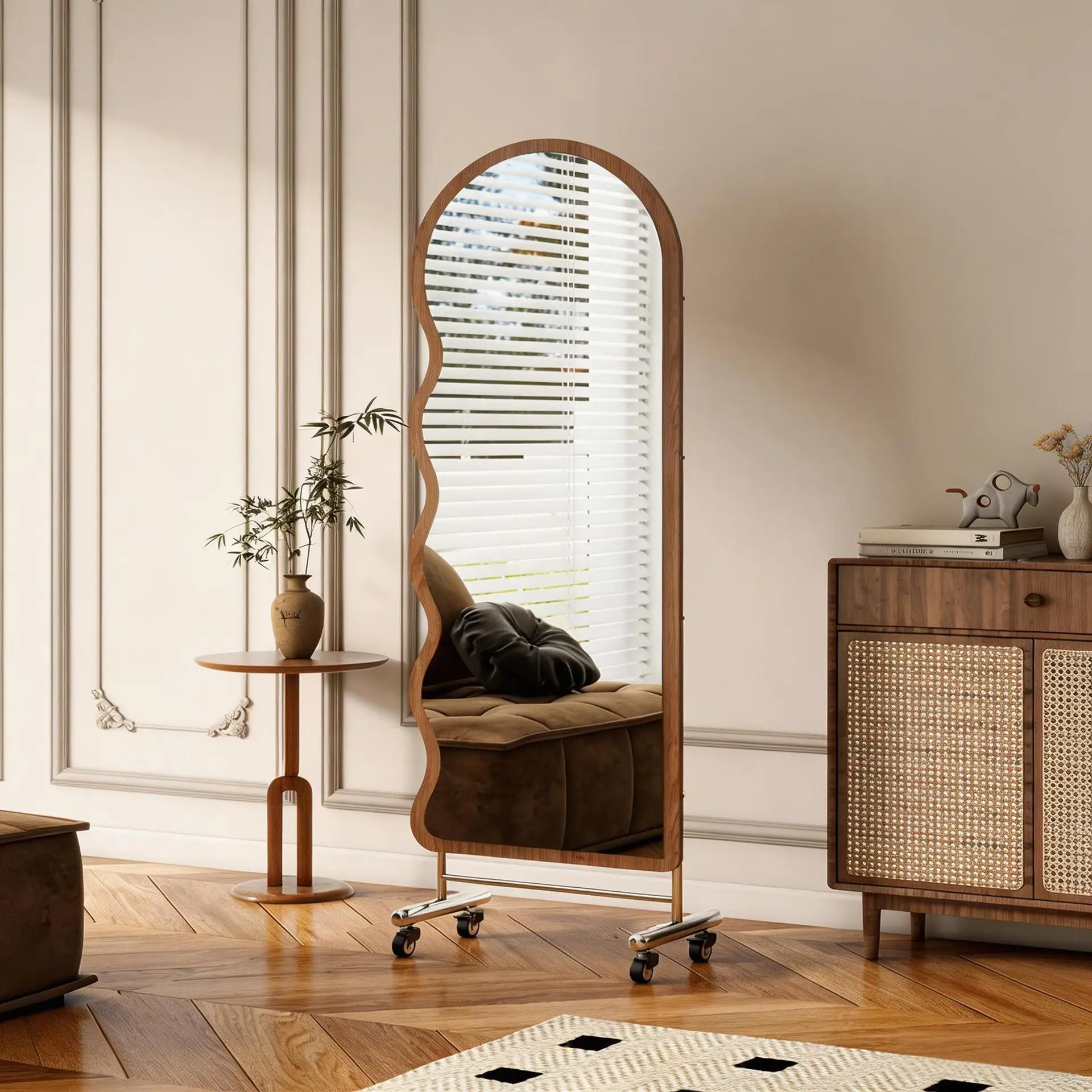 HYS medieval wave edge pulley movable floor-to-ceiling full-body mirror bedroom home special-shaped explosion-proof glass