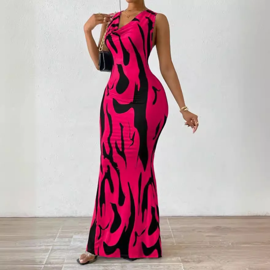 

2024Sexy Bodycon Package hip Party Women Long Dresses Summer Print Sleeveless Pile Collar Slim Skinny Party Maxi Dress For Women