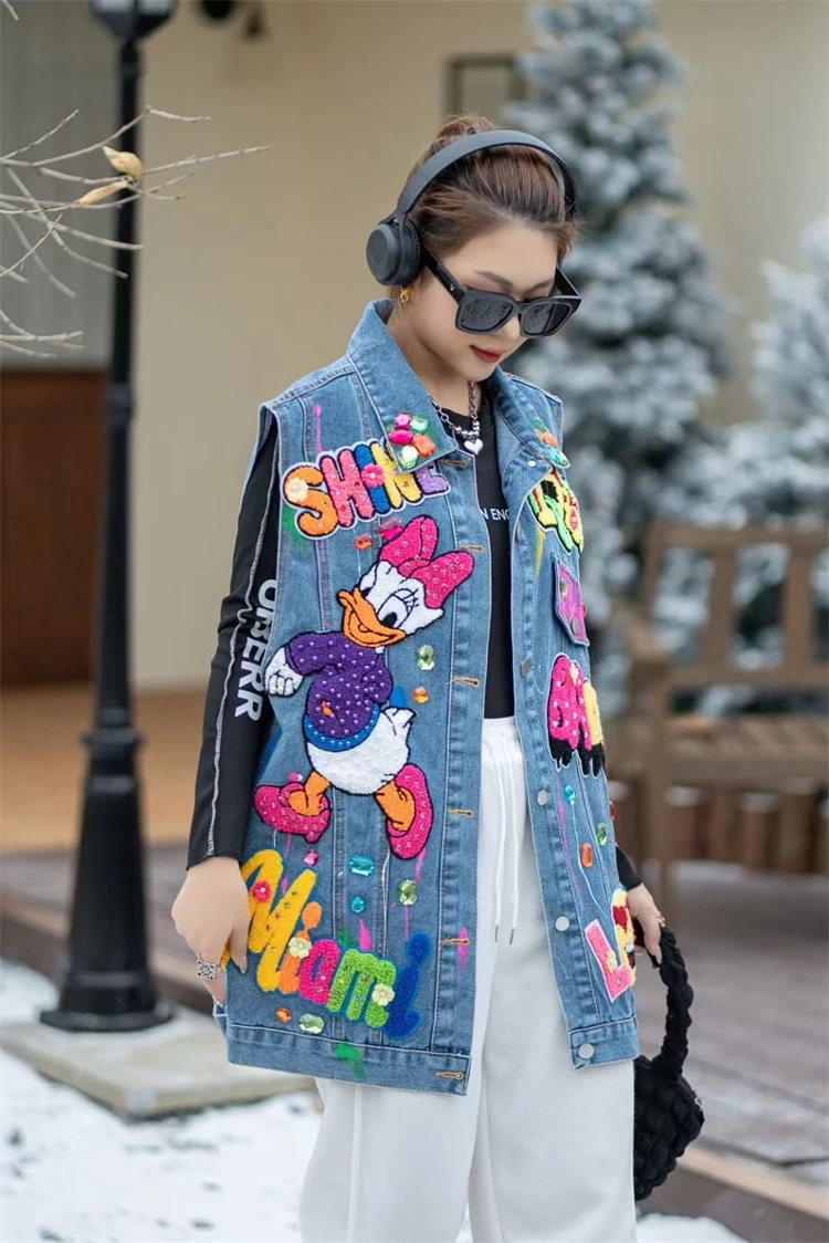 Fashion Brand Exquisite Rhinestone Beaded Cartoon Sleeveless Denim Coat Female 2024 Autumn New Polo Collar Loose Vest Top Women