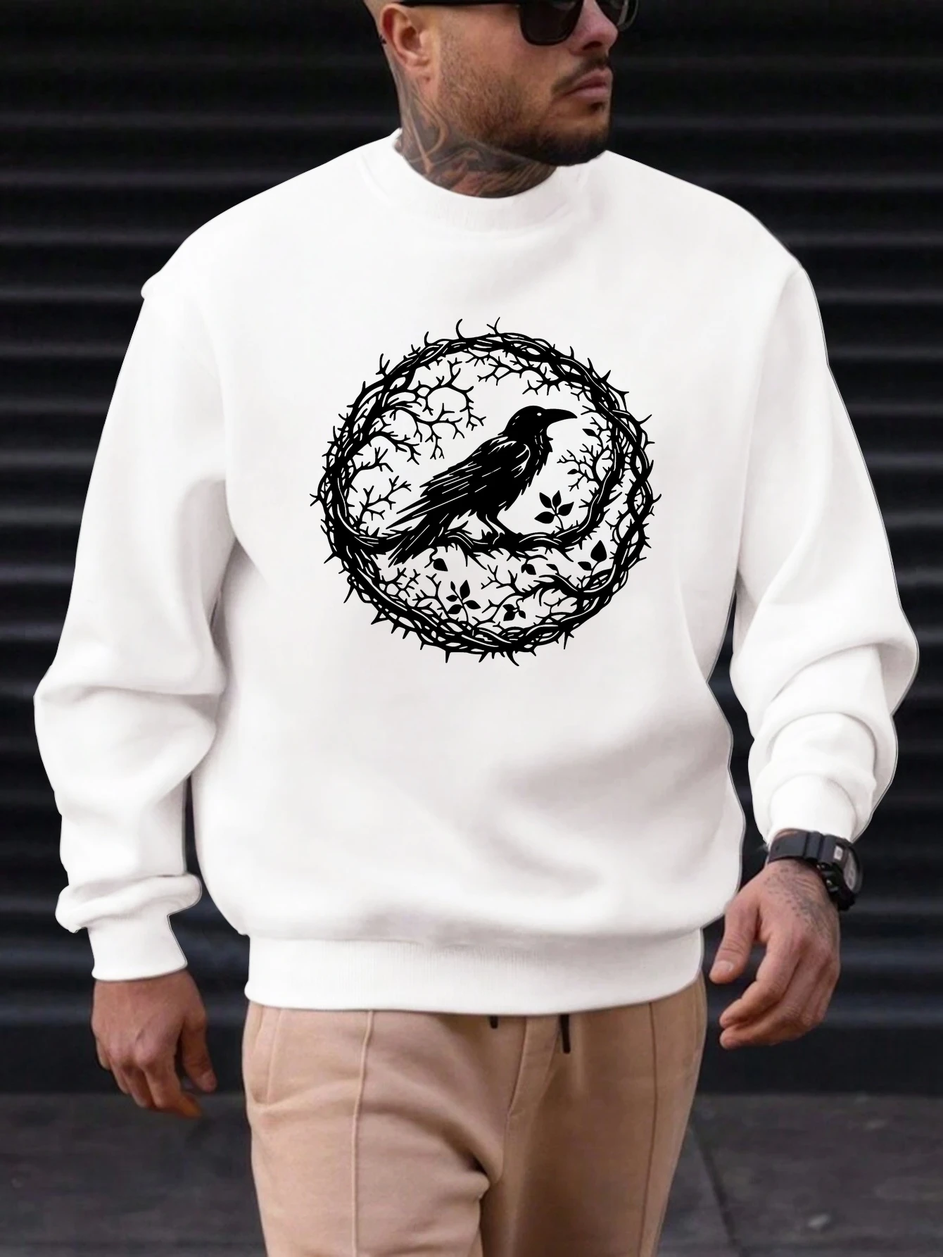 

Men's Cotton Round Neck Sweatshirt Raven Pattern Printing 2025 New Trends Fashion Casual High Quality Top Clothing