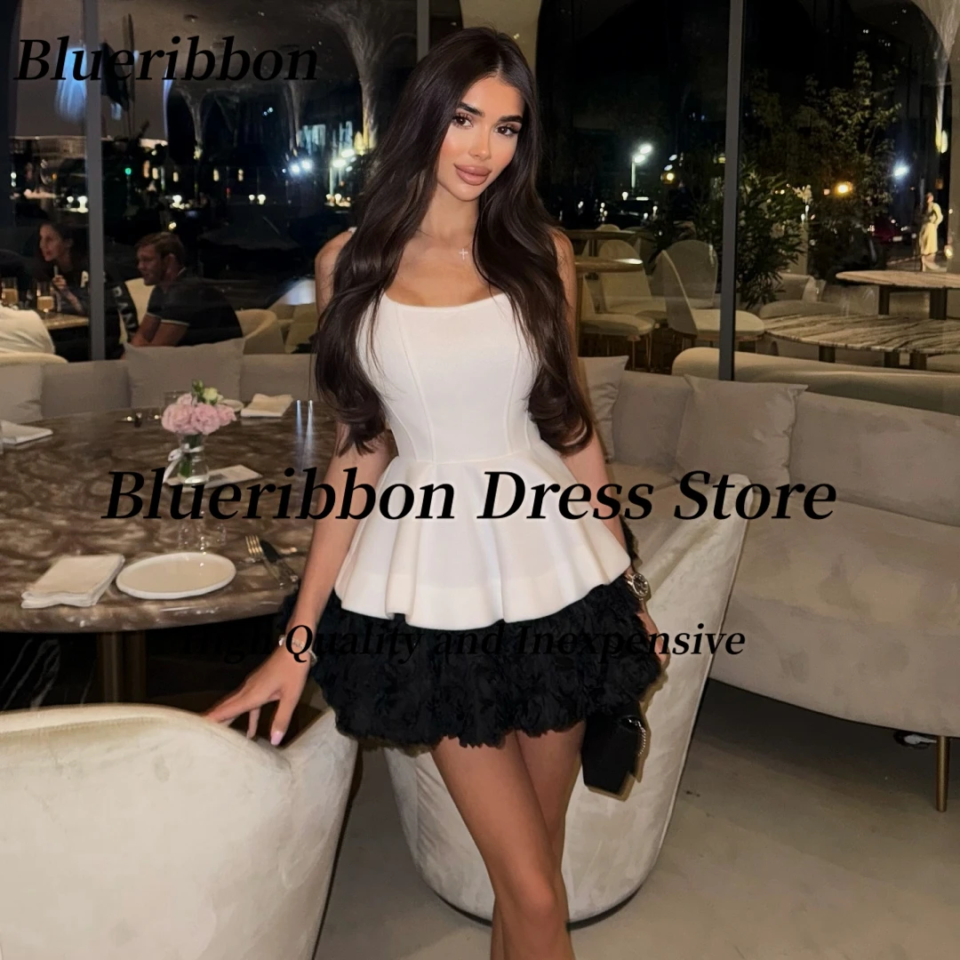

Blueribbon Black&White Mini Prom Dresses Off Shoulder Zipper Back Homecoming Party Girls Wear Short Graduation Dress Customized