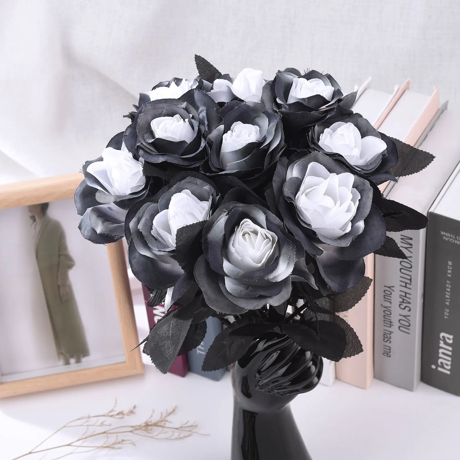 Home Decoration Artificial Rose Flower Hand Bouquet Fake Flowers DIY Wedding Supplies Black 1PC Table Floral Arrangements