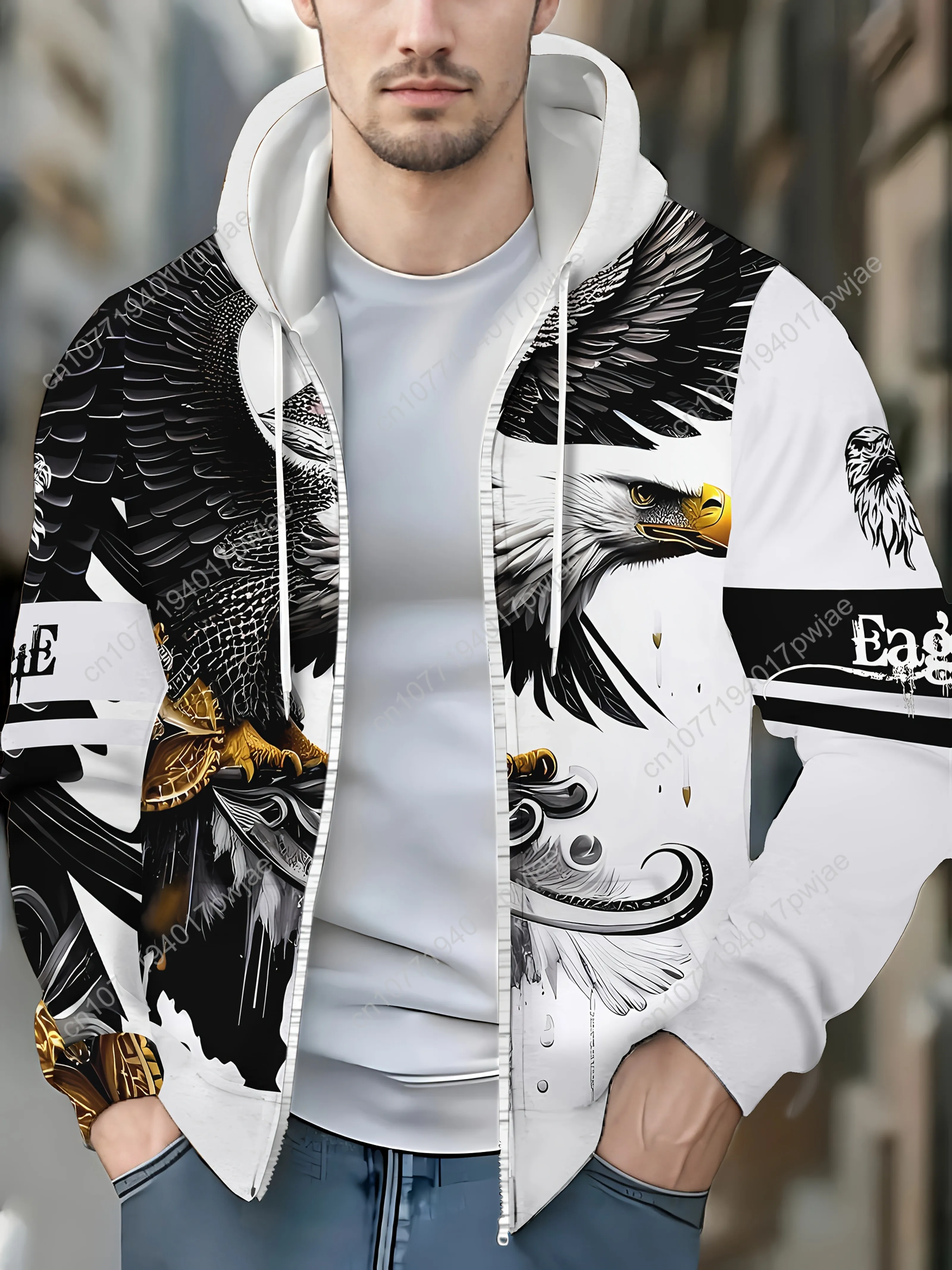 Moletom casual masculino com capuz com estampa Eagle & "Baseball", jaqueta de manga comprida com zíper e cordão e bolsos, preto e branco