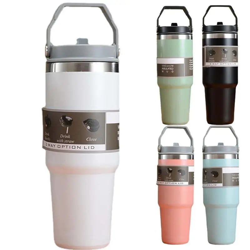 900ml Thermos Coffee Mug With Handle Straw Stainless Steel Coffee Termos Cup In-Car Vacuum Flask Portable Cafe Insulated Tumbler