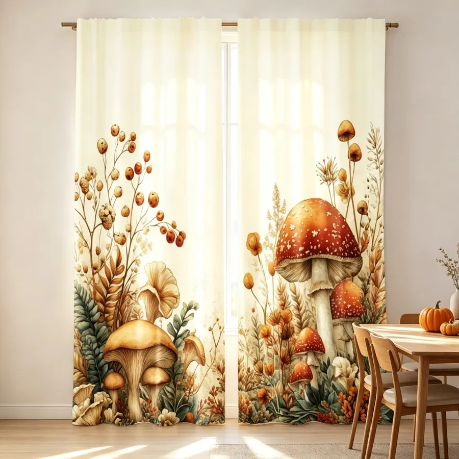 2PCS Digital Print Curtain, Watercolor Forest Mushrooms Ferns Botanical, Cottagecore Nature Style for Home Window Decor