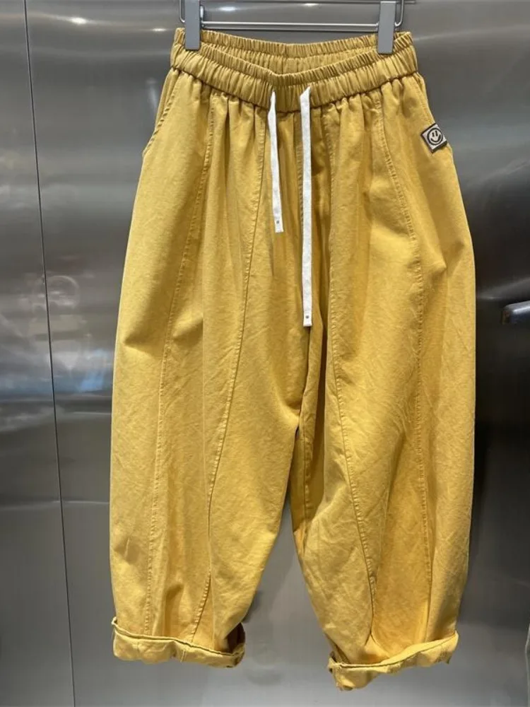 American Retro Cotton Lantern Pants Women's Elastic Waist Belted Workwear Trousers plus Size Conceal Meat Casual Nine Points