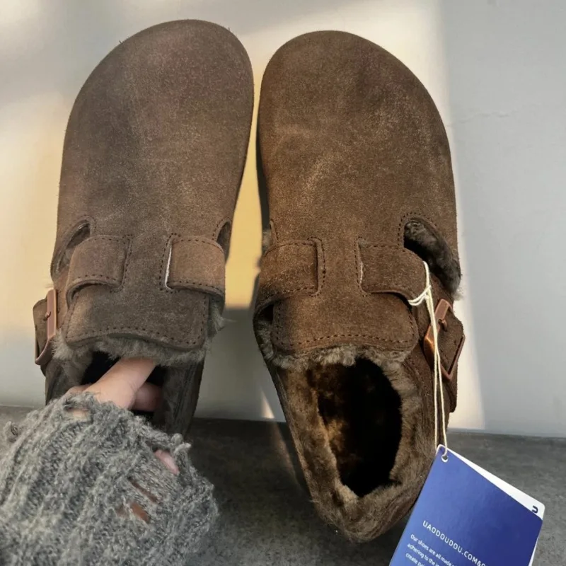 

Women's Winter Fur Lined Closed Toe Mule shoes Style Mules Retro Suede Buckle Flat Shoes Non-slip Comfortable Warm Casual Shoes