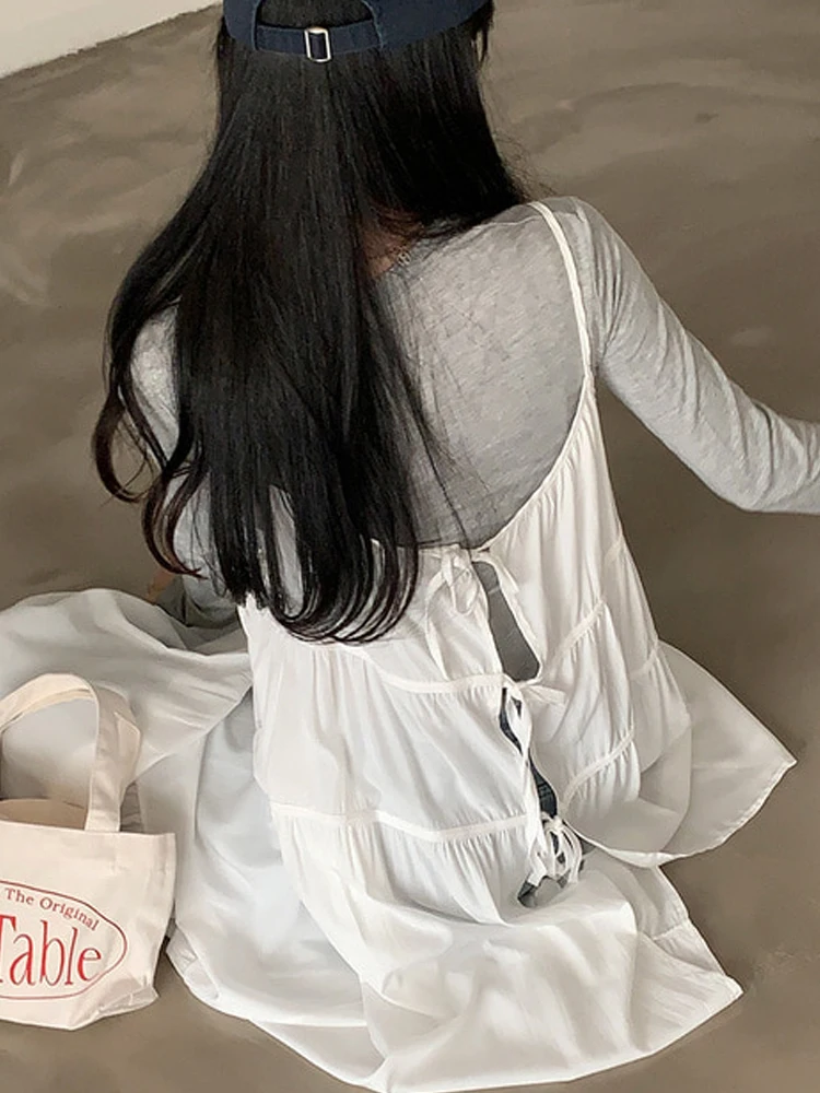 Vestido de Verão F 2024 Novo Estilo Frente e Costas com Laço Borboleta, Cinto, Crimento Midi, Alças em Camadas, Est...