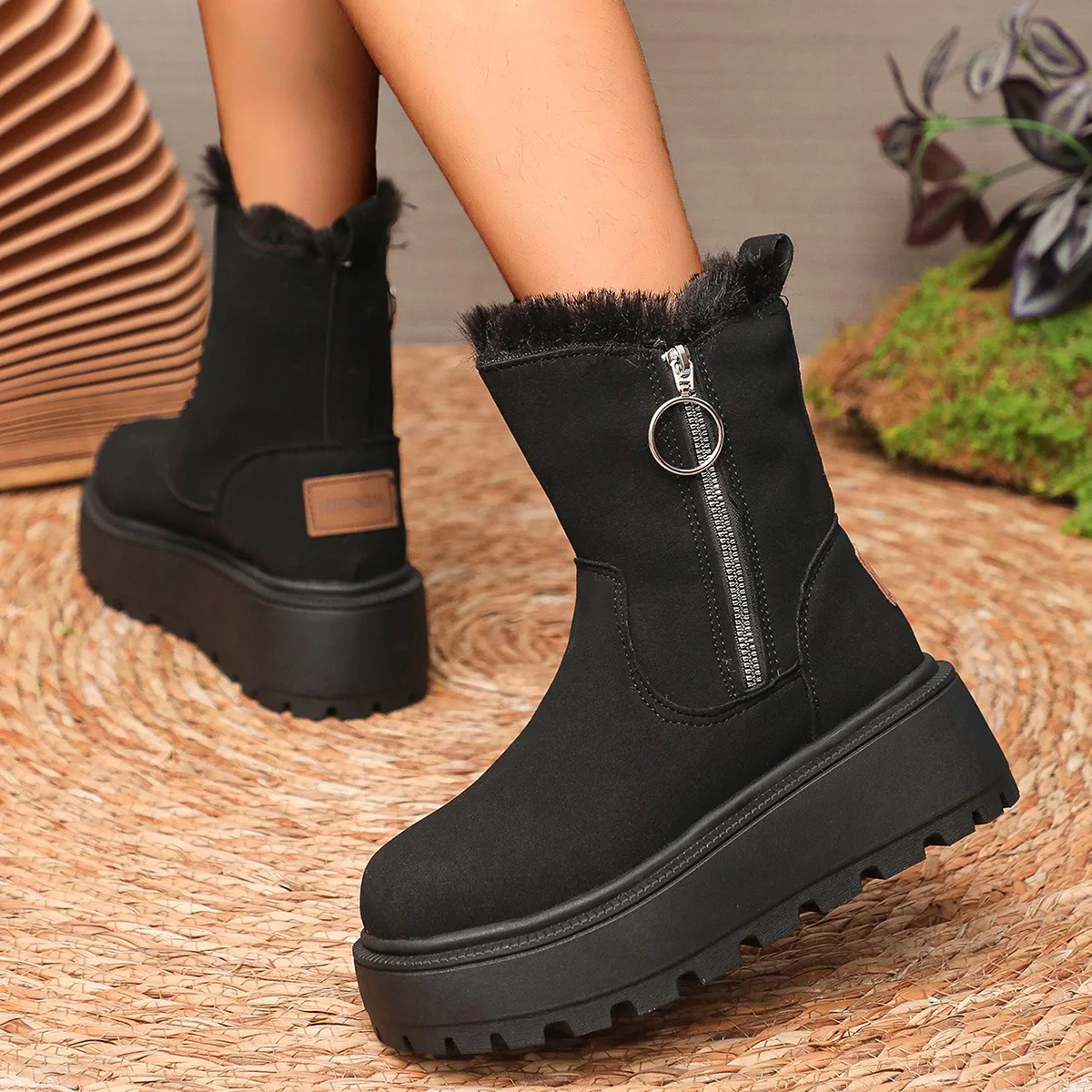 Winter snow boots platform women's ankle boots ladies Flock zipper high qulity Chestnut shoes Plus Fur Warm Ankle Boot Footwear