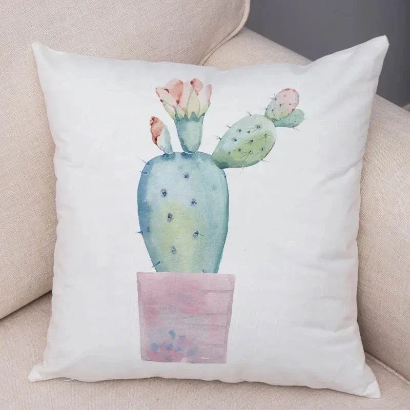 Watercolor Cactus Pillow Case Decor Print Green Plant Cushion Cover for Sofa Home Super Soft Peach Skin Pillowcase 45*45cm