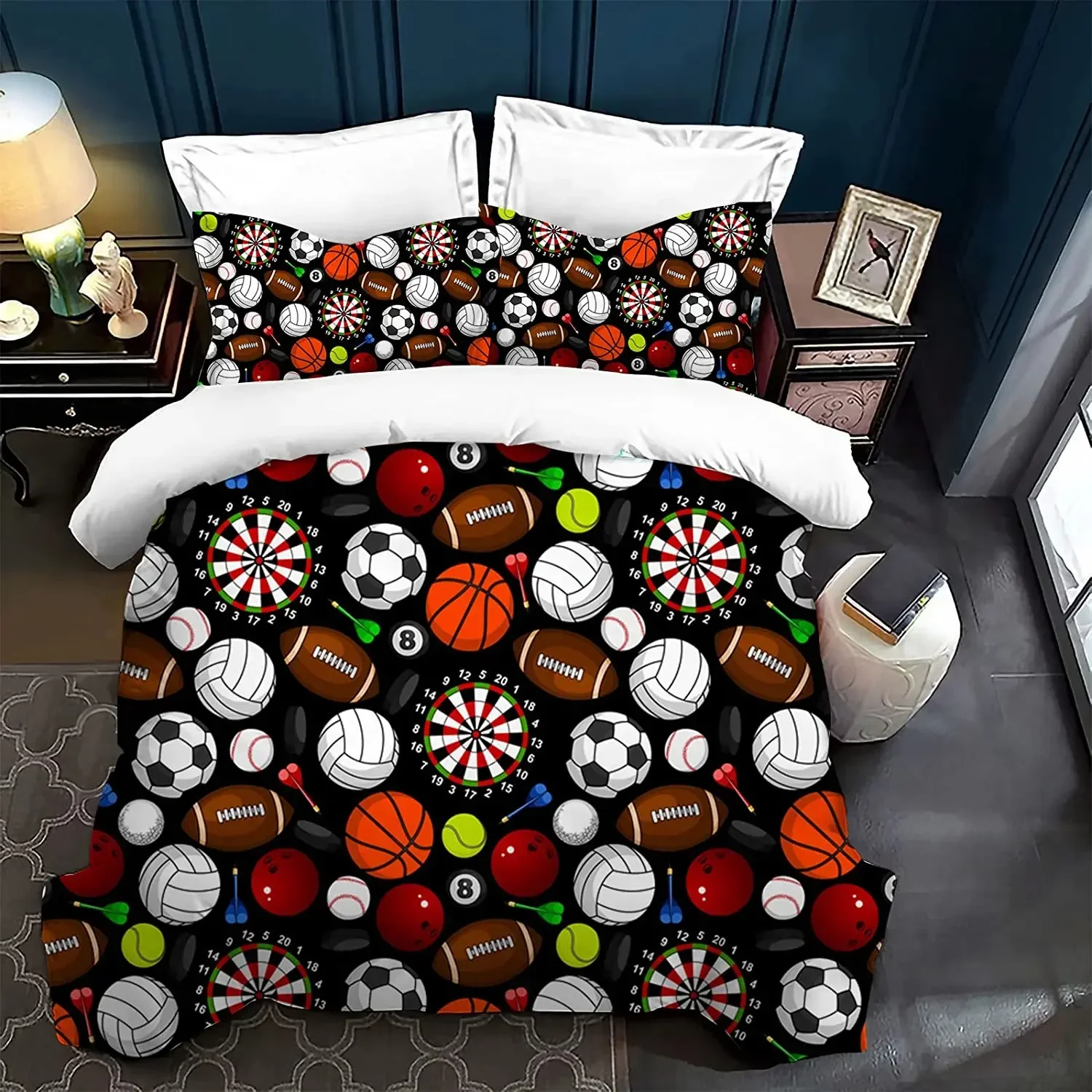 3 Pcs Duvet Cover Set, Ball Bedding Sets, Very Cool Basketball and Football Pattern Duvet Cover,Comforter Cover with Zipper Ties