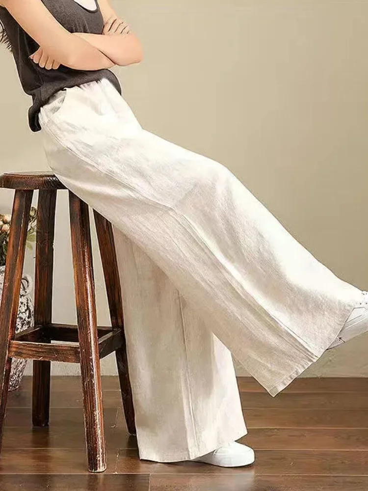 High Waist Cotton Linen Wide Leg Pants Casual Womens Summer Sweatpants Spring Baggy Straight Pantalones Korean Fashion 90cm New