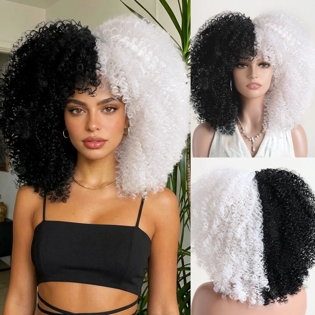 

16 Inch Black White Color Block Synthetic Wig for Women Christmas Music Festival Suitable Casual Long Hair Roll Wigs