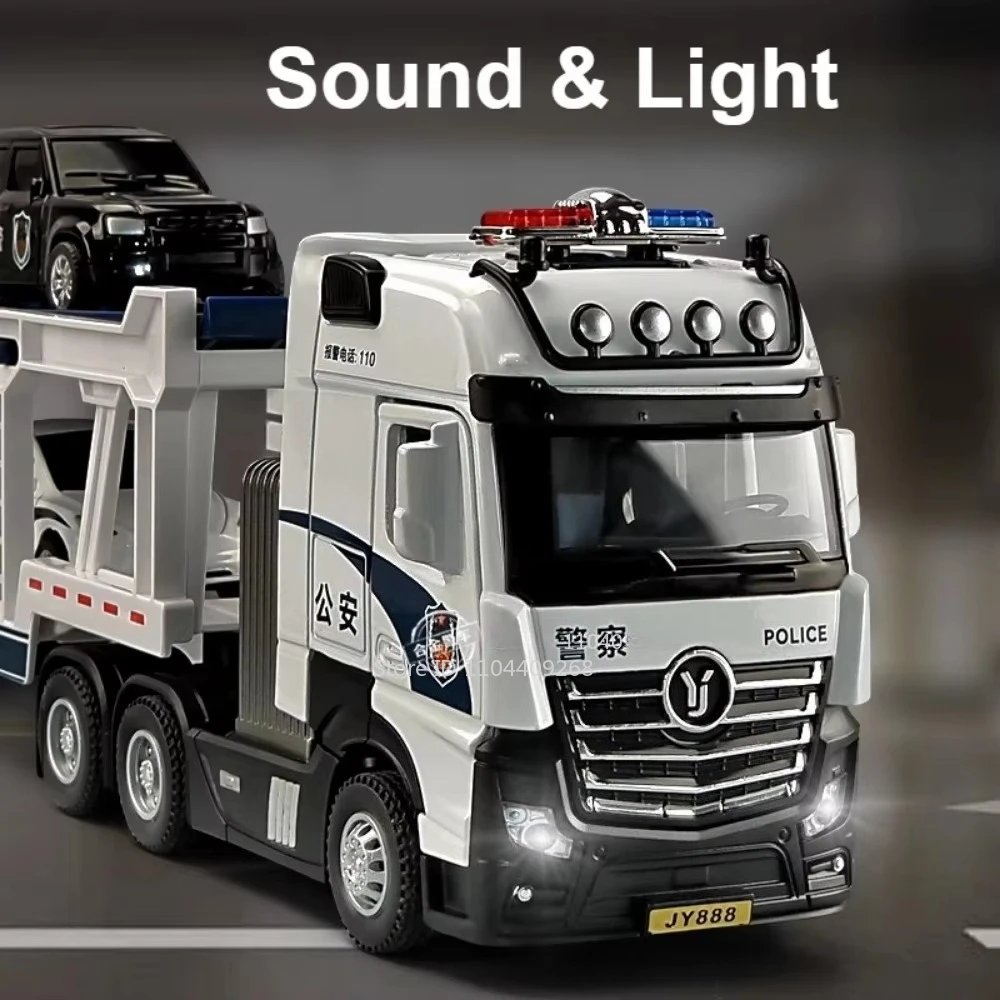 Scala 1:50 Rimorchio della polizia Trasporto Esteso Autocarro con cassone ribaltabile Modello Giocattolo Pressofuso in metallo Suono Luce Tirare indietro Modelli di veicoli Regali per hobby