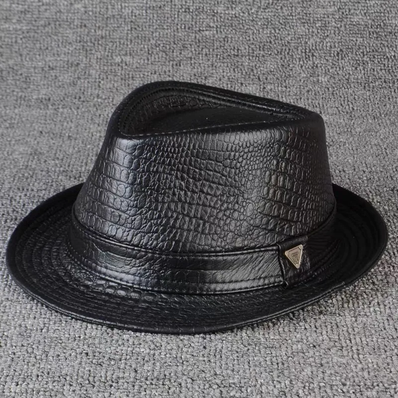 Leather Top Hat Man Autumn and Winter Men's 100% Leather Gentleman Ceremonial Fedora Formal Hat Alligator Print British Jazz Cap