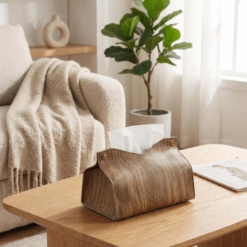 Modern Style PU Tissue Box Decorative Simple Wood Grain Tissue Container Stable Waterproof Car Tissue Holder Car Interior