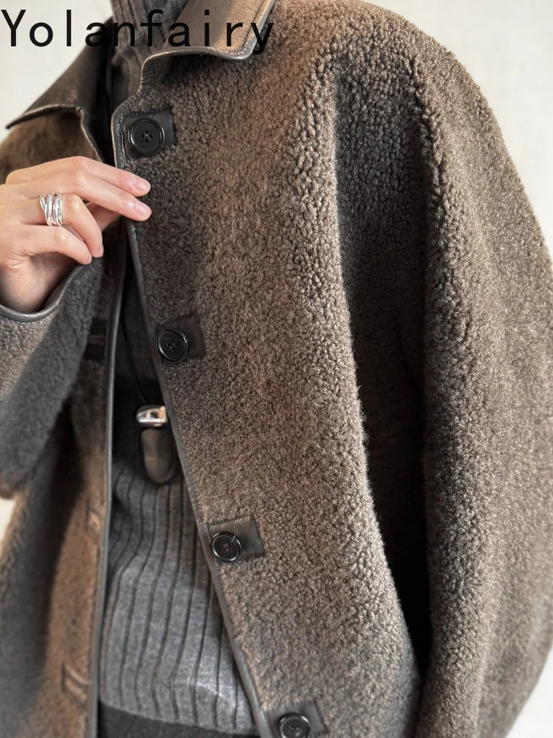 YOLANFAIRY Couple Style Real Lamb Fur Integrated Coat Women New Winter Casual Lapel Fashion Natural Leather Fur Outerwear Jacket