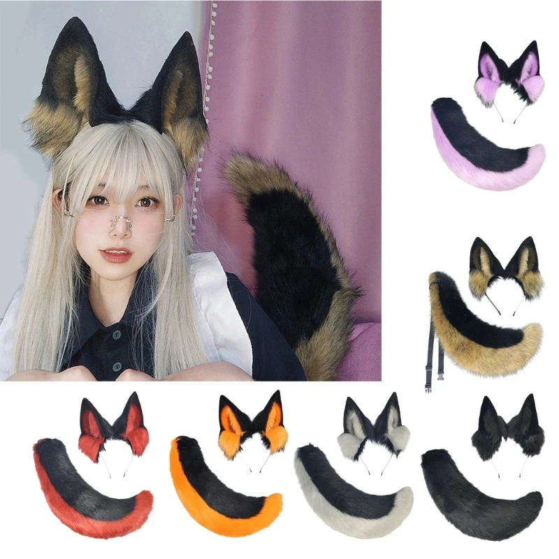 Handmade Plush Cats Ears Headbands Fauxs Furs Tail for Halloween Cosplay Party Costumes Accessories for Kids Adult 6XDA