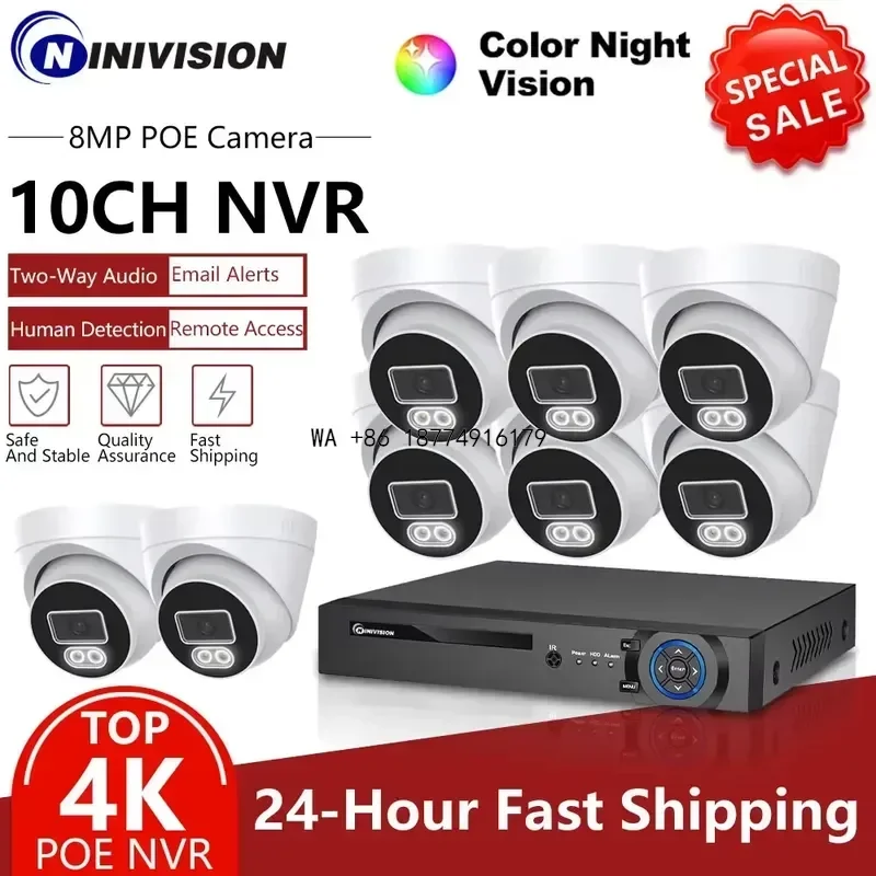 wmwmnu 4CH 8MP POE NVR Kit 4K 8MP CCTV Dome System 2 Way Audio Indoor Color Night Vision IP Cam Video Surveillance Set