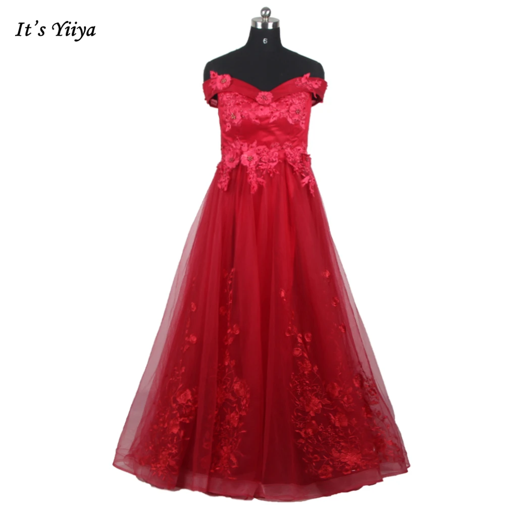 

It's Yiiya Evening Dresses Burgundy Appliques Pearl Beading Off the Shoulder Lace A-line Tulle Floor Length Party Dress CH002