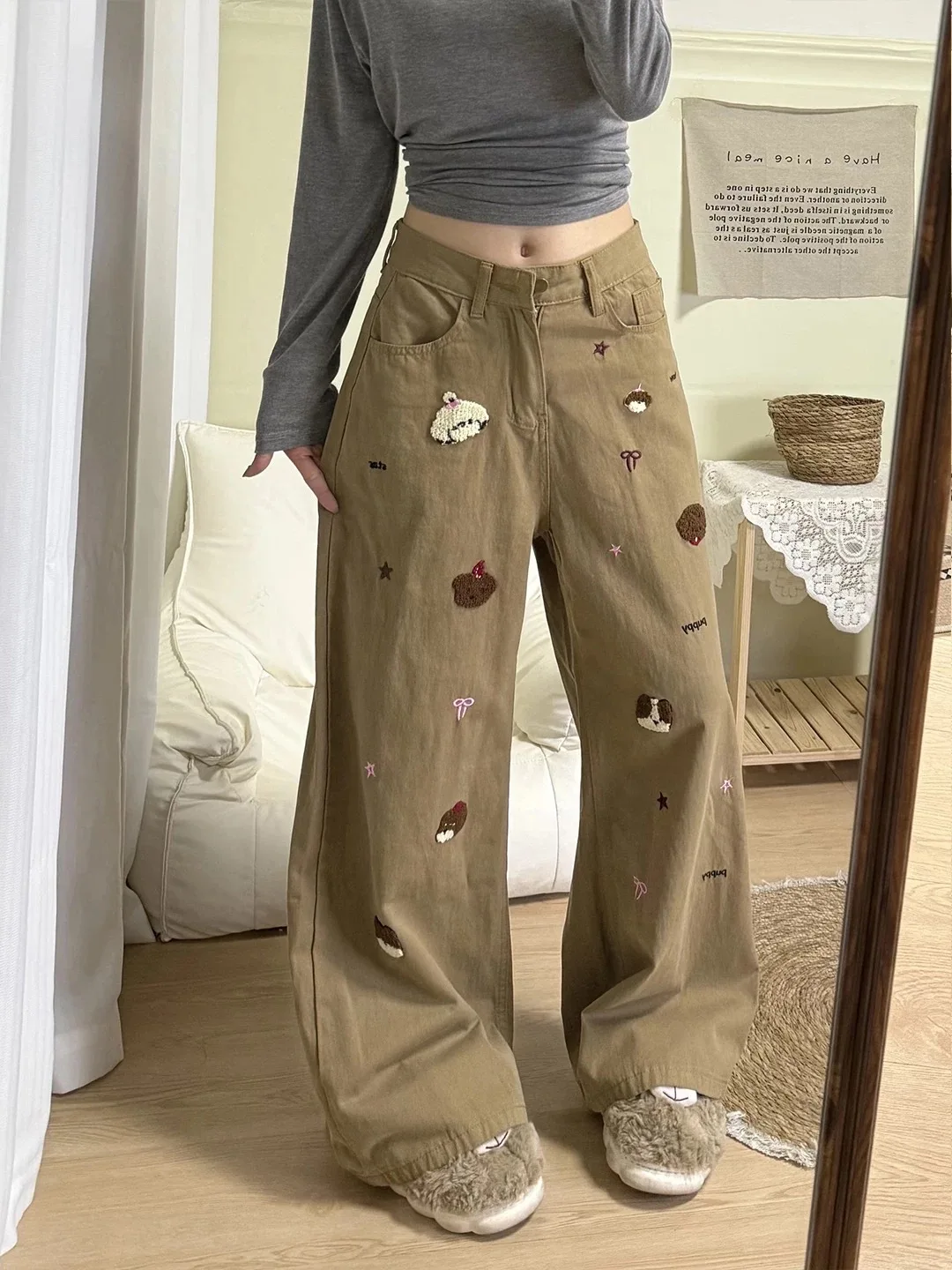 Women's 2026 New Style Puppy Embroidery Khaki Jeans For Women Loose Fit Draped Wide-Leg Pants