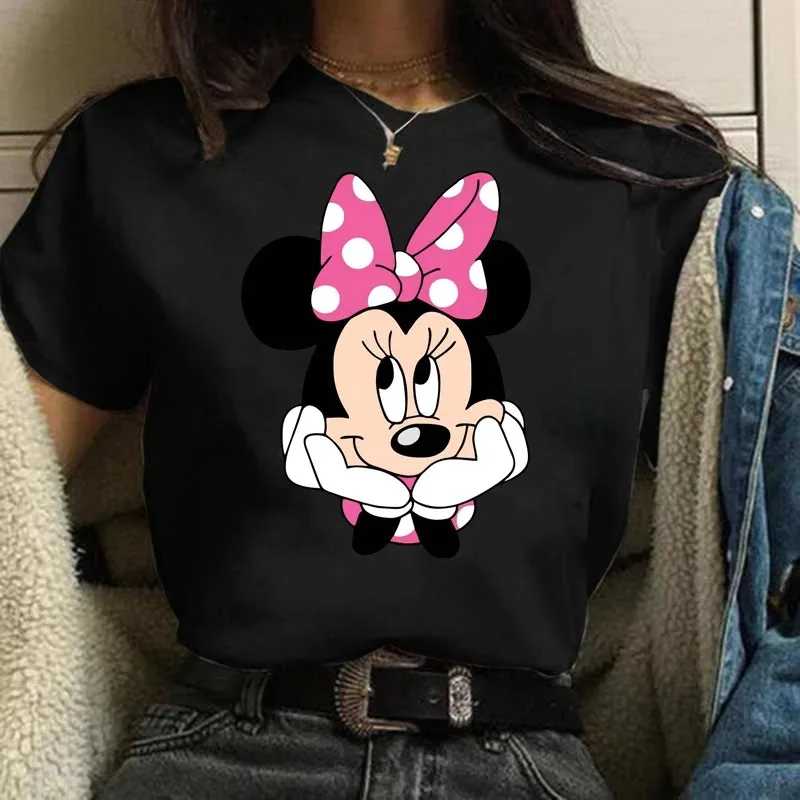 New Minnie Mouse T-shirt Kawaii Disney Parent Child T-shirt Fun Top Fashion Women\'s Black Street Clothing Short Sleeved Clothes