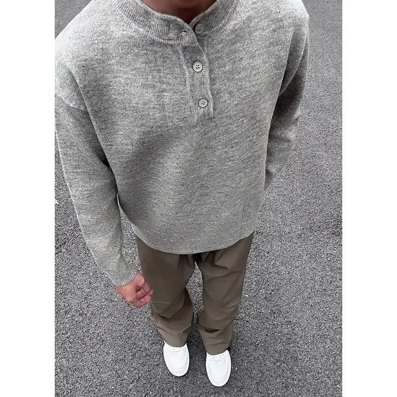 American Retro Gray Henry Collar Sweater Lazy High-end Autumn and Winter Sweater Lazy Style Cleanfit Jacket