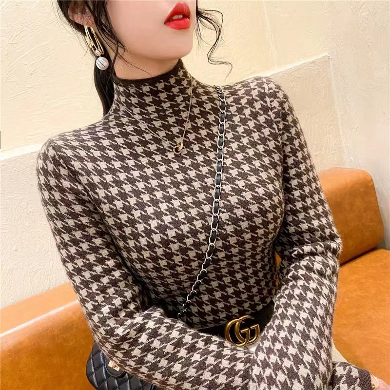 Autumn Mock Neck Houndstooth Pullover Women Winter Chic Long Sleeve Warm Sweater Vintage Streetwear Plus Velvet Casual Jumper