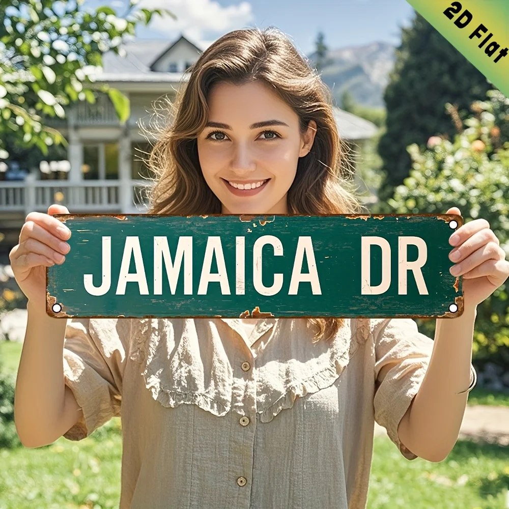 2D Flat, 1pc Vintage Jamaica-Themed Aluminum Metal Sign Plaque - 16x4 Inch Green & White Jamaican License Plate Design with