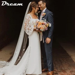 DREAM Customized Lace Long Puff Sleeves Mermaid Wedding Dress 2025 Square Neck Backless Simple Bridal Gowns Elegant Sweep Train