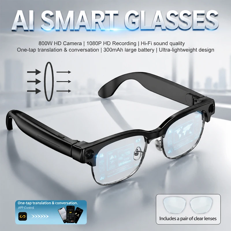 2026 Fashion Smart Glasses with 800W HD Camera 1080P Video Recording AI Translation Bluetooth Call Music Player Smart Glasses