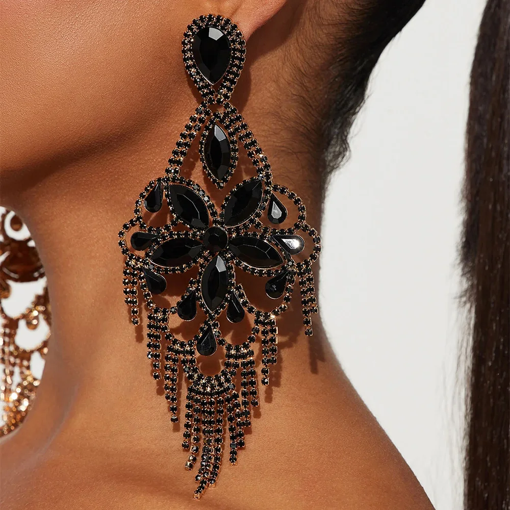 Black Flower Tassel Earrings for Girls Trending Elegant Dangle Bohemian Party Jewelry Luxury Gift Decoration Accessories Y2k