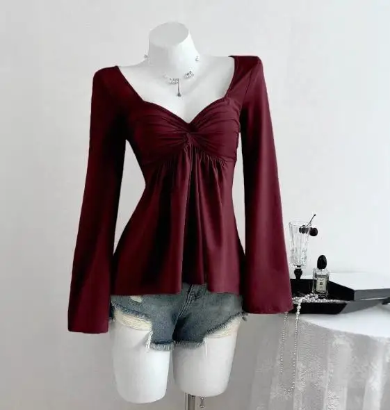 

2026 Spring/Summer New Women's Fashion Casual Versatile Solid Color V-neck Long Sleeve Casual Top Women's Wear